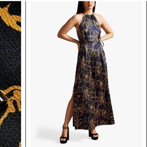 EUC Size 1/ 4 Ted Baker Navy Blue Gold Roxiell Roxieyy Halter Maxi Dress
